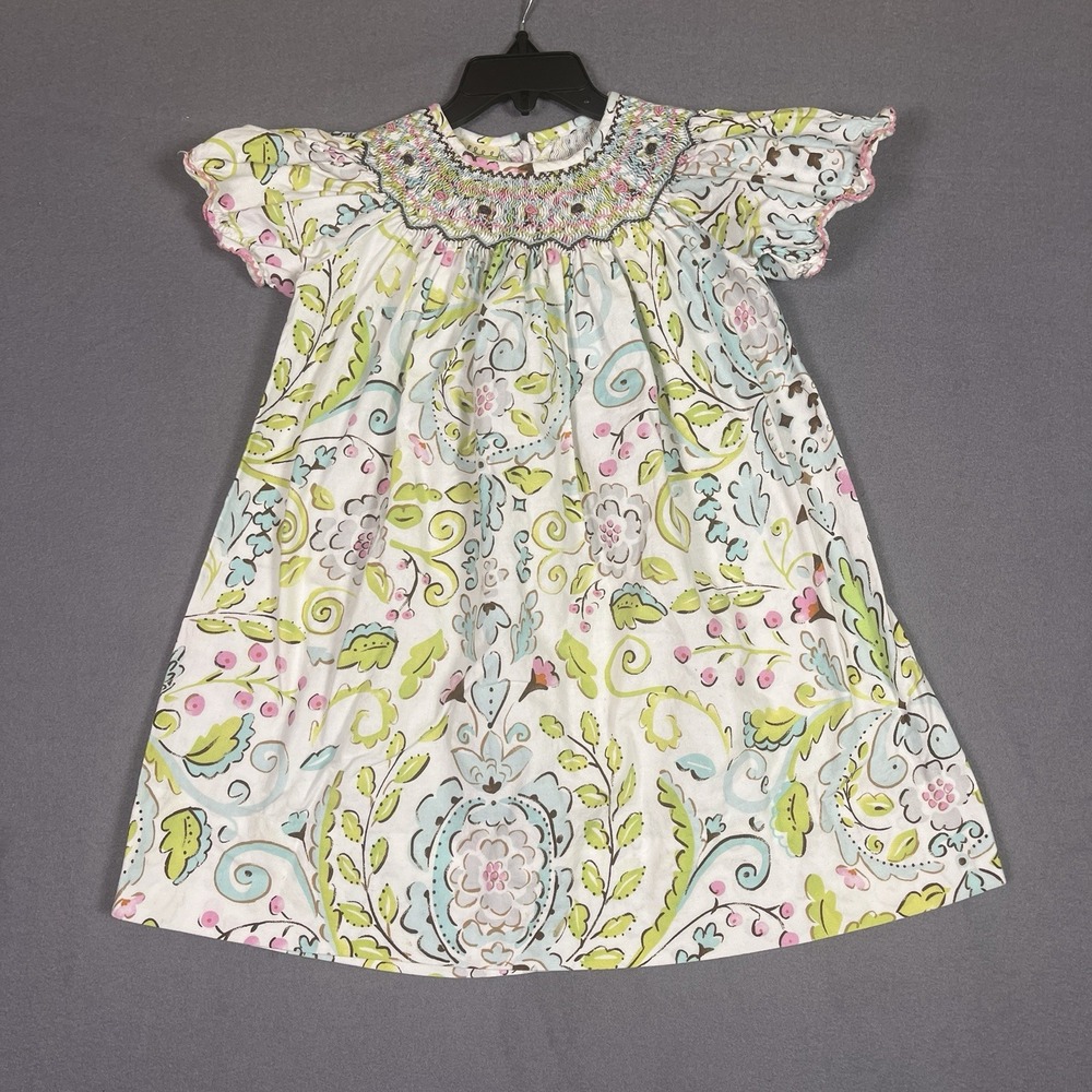 Le' Za Me Hand Smocked Dress Girls 24M Pink Paisley Cotton A-Line Flutter Sleeve